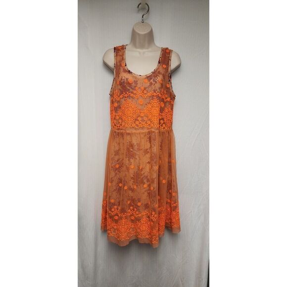 Anthropologie Uncle Frank Embroidered Mesh Overlay Neon Orange Floral Dress Sz M - Picture 2 of 8